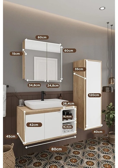 Lale Beyaz 80 Cm %100 Mdf Lavabolu Banyo Dolabı + Aynalı Dolap+ Boy Dolabı Beyaz Meşe