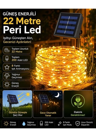 Tr Güneş Enerjili 22 Metre Peri Led Işık 200 Led 8 Mod Dış Mekan Ağaç Balkon Solar Bahçe Aydınlatma Diğer