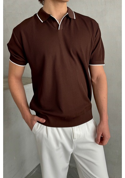 Erkek Oversize Selanik Polo Yaka Triko T-shirt Kahverengi