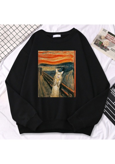 Startmore Startmorerahat Sokak Kadın Kazak Yağlıboya Cat's Catbaskı Hoody Rahat Polar Kazak Gevşek Sıcak Kadın S Siyah