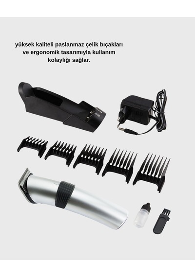 Şarjlı Saç Ve Sakal Kesme Makinesi Paslanmaz Çelik Bıçak, Ayarlanabilir Başlık 1 - 2 Saat