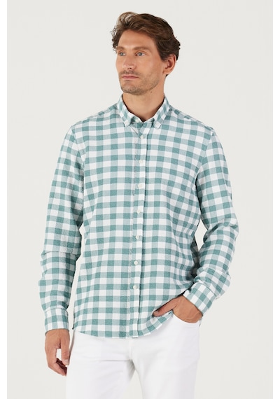 AC&Co / Altınyıldız Classics Erkek BEYAZ YESIL Slim Fit Dar Kesim Düğmeli Yaka Gofre Desenli Gömlek Beyaz - Yeşil
