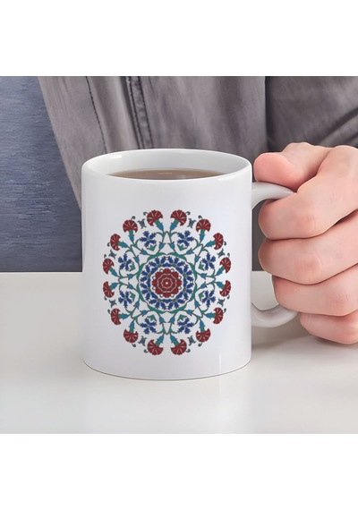 Karanfilli Çini Deseni Baskılı Porselen Kupa Bardak Yıkanabilir Çıkmaz Kaliteli Baskı Seramik