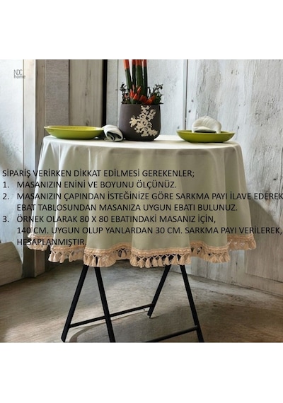 Dnc Home Tekstil  Premium Keten Haki Yuvarlak Ham Ponponlu Masa Örtüsü Haki