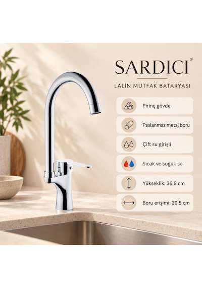 Sardıcı Lalin Mutfak Evye Bataryası Krom Pirinç Gövde Çift Su Girişli Tam Takım