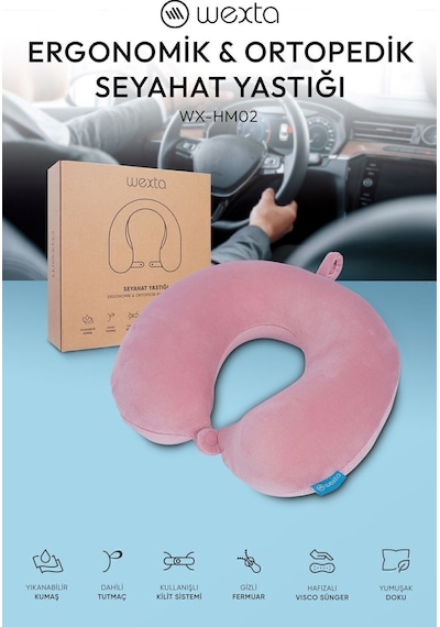 Wexta Seyahat Boyun Yastığı Comfort Ortopedik Seyahat Yastığı Visco Pembe