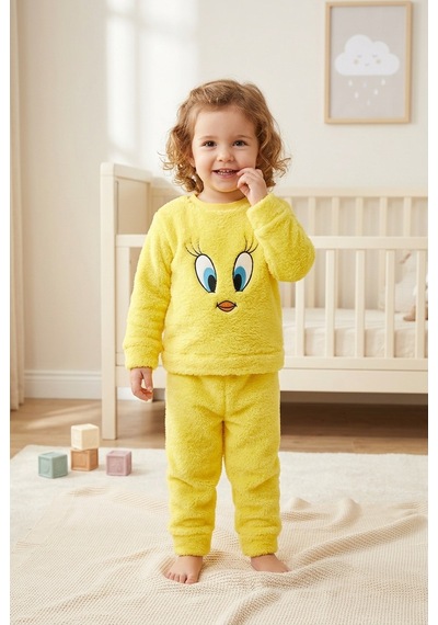 Beniizle Nakışlı Unisex Çocuk Peluş Alt Üst Takım Sarı