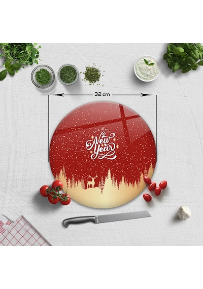Decorita Cam Kesme Tahtası|Happy New YearKırmızıSilüet|Çap32cm