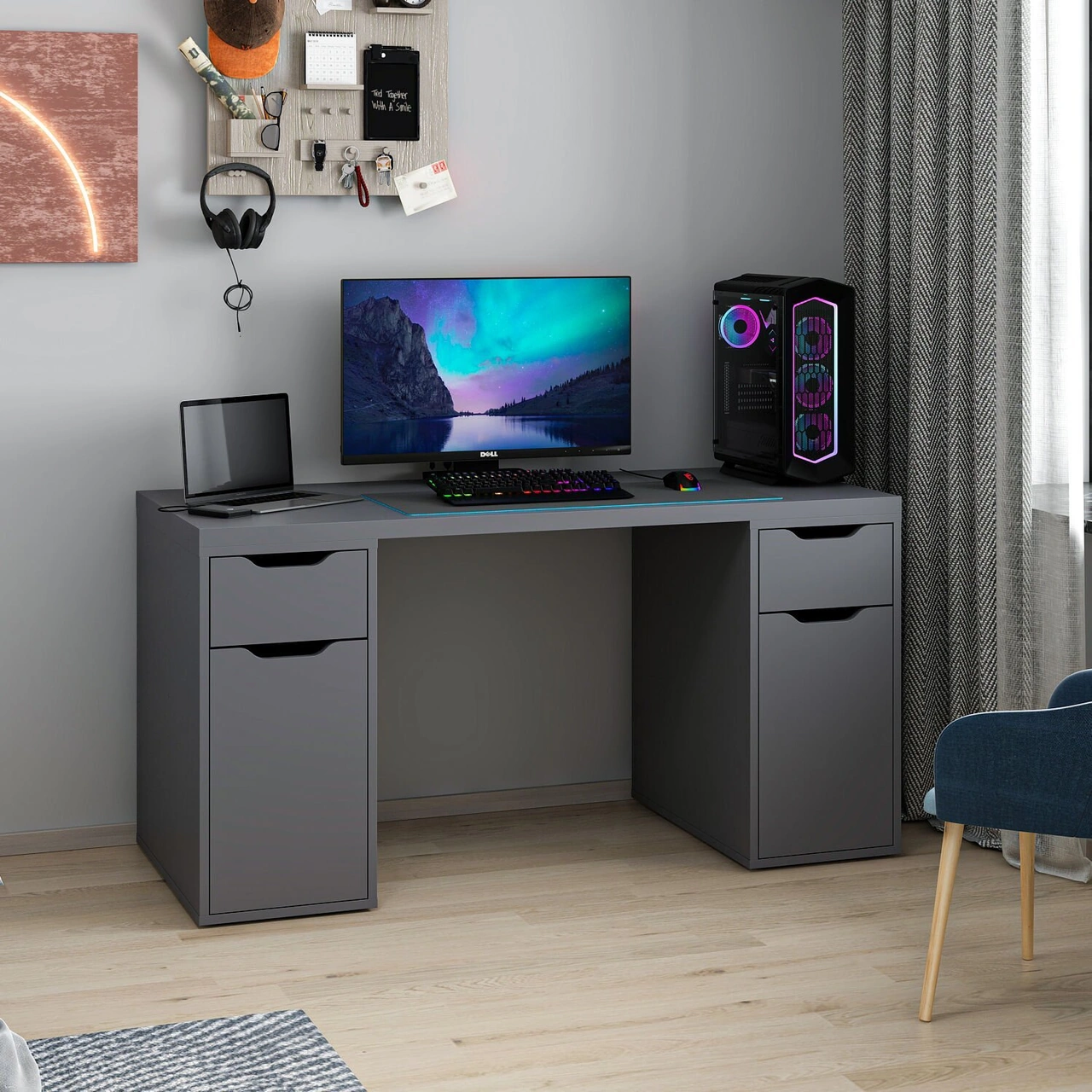 Alen 150 Cm 2 Çekmeceli 2 Dolaplı Çalışma & Oyuncu Masası - Antrasit Siyah