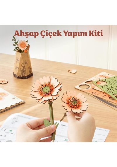 Rowood Tw111 Gerbera Çiçeği Light Orange Gerbera Dıy Minyatür Maket Model Set Ahşap 3d Wooden Puzzle 3d Model Kit Ahşap Maket Dekoratif Hobi Seti