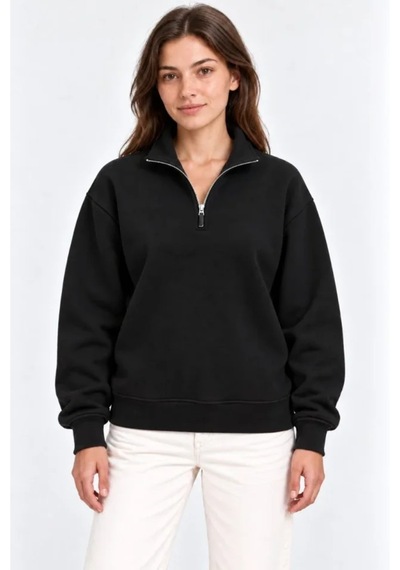 Butik İstanbul Üç İplik İçi Şardonlu Dik Yaka Yarım Fermuarlı Kışlık Sweatshirt - Siyah