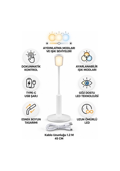 Şarjlı Dokunmatik Led Masa Lambası Type-c Esnek Boyunlu Ayarlanabilir Işık Modlu 45 Cm Beyaz