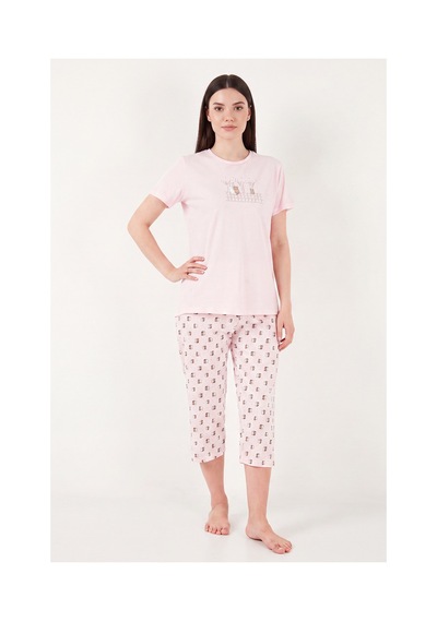 Lela Desenli Pamuklu Bisiklet Yaka Kaprili Pijama Takımı Bayan Pijama Takımı 65790787 Pudra