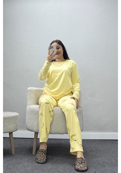 Belendir Kadın Soft Milan Baskılı Pijama Takımı Sarı