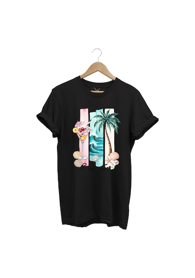 Summer Vibes Yaz Temalı Kokteyl, Palmiye Ve Deniz Desenli %100 Pamuk Regular Fit T-shirt Siyah