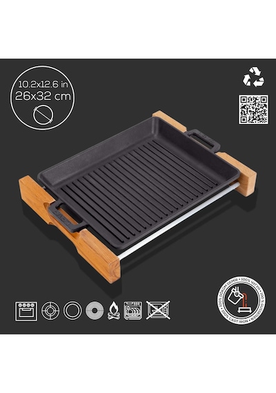 Lava Izgara Tavası Dikdörtgen Siyah Mat Ahşap Stand 26 X 32 Cm Eco