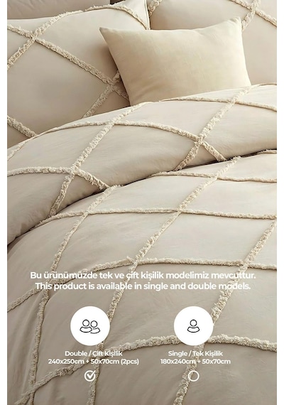 Evlen Home Pamuklu Aimar Yatak Örtüsü Takımı Çift Kişilik Günlük Boho 3 Parça Elyaf Dolgulu Bej Bej