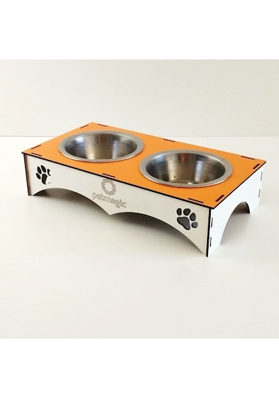 Petmagic 2'li Mama Kabı Ikili Ahşap-Çelik Mama Kabı Turuncu