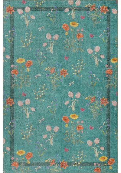 Artloop Florart Turkuaz / Turuncu Doğa Temalı Çiçekli Dokuma Tabanlı Modern Şönil Halı Al 491