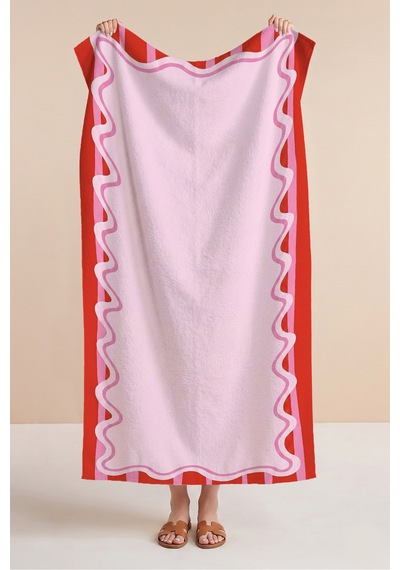 Pembe Çizgili Modern Plaj Havlusu - Kırmızı Dalgalı Çerçeveli Akdeniz Hızlı Kuruyan Mikrofiber Havlu Köpük Yasemin Pembe Çizgili Modern Plaj Havlusu - Kırmızı Dalgalı Çerçeveli Akdeniz Hızlı Kuruyan Mikrofiber Havlu Köpük Yasemin