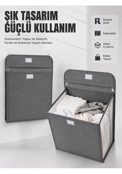 Duvara Asılabilir Katlanabilir Kirli Çamaşır Sepeti Geniş Hacimli Düzenleyici Çr