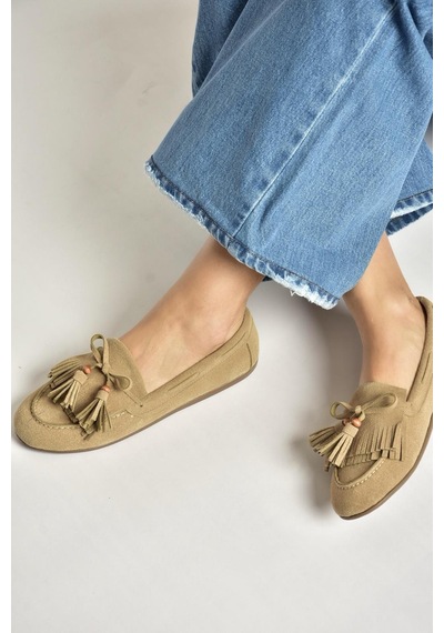 Fox Shoes Y996271002 Bej Süet Püskül Detaylı Kadın Babet Bej