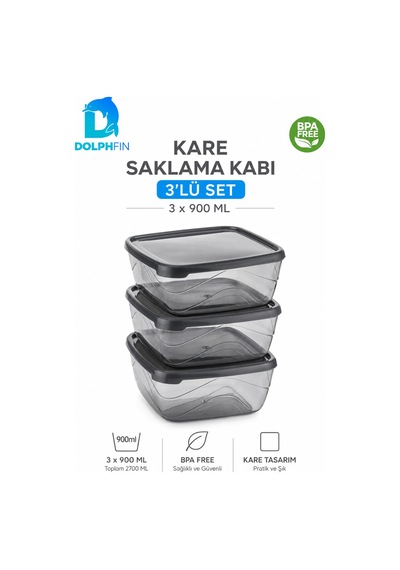 3 Lü Kare Saklama Kabı Seti 3x900 Ml Füme Şeffaf Siyah Kapaklı Bpa İçermez