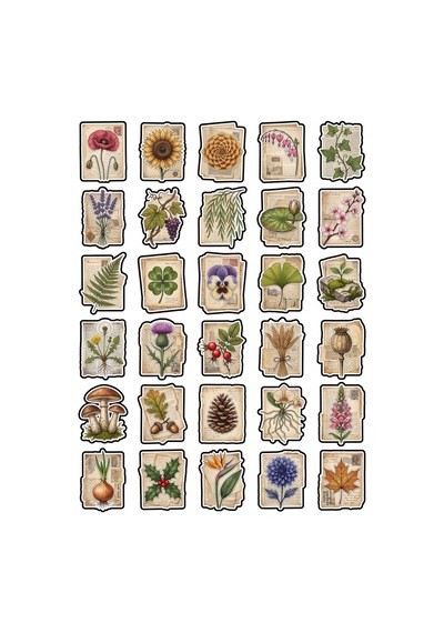 30 Adet Vintage Botanik Çiçek Sticker Seti - Defter Ajanda Scrapbook İçin Çok Renkli