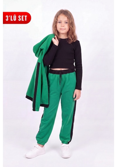 Fyk Kids Kız Çocuk Fitilli Crop Ve Şerit Detaylı Eşofman Takımı Seti Yeşil