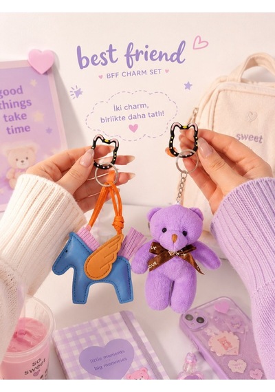 Sevgiliye Hediye Çanta Aksesuar Peluş Sevimli Ayıcık & Kanatlı At & Kedili Kanca Charm Aksesuar Süsü Çok Renkli