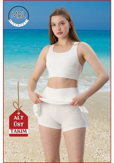 Missmaral Kadın Alt-üst Takım Şort & Crop Denizde Havuzda Sporda Casual/ Günlük Kullanım Ekru Tk3107 Ekru