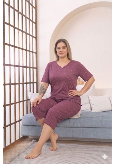 Büyük Beden Kısa Kol Pamuklu Ultrasoft Likralı Kapri Pijama Takımı 8652 GÜL KURUSU