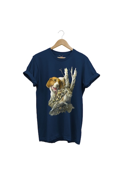 Avcılık Avcı Köpeği Ve Tavşan Baskılı Orman Temalı %100 Pamuk Regular Fit Lacivert T-shirt Lacivert