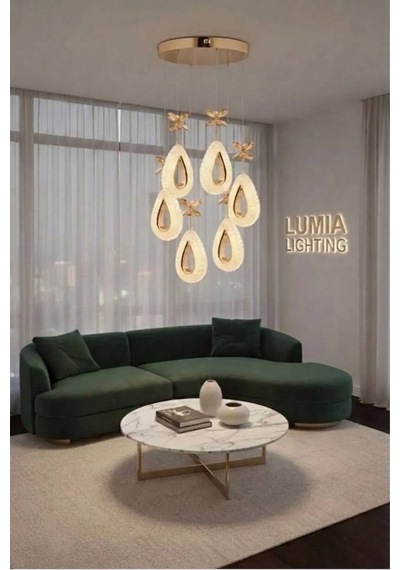 LumiaLighting Damla Model 6'lı Gold Kumandalı 3 Renk Modu Ledli Kristal Taşlı Modern Salon Mutfak Oturma Odası Led Avize