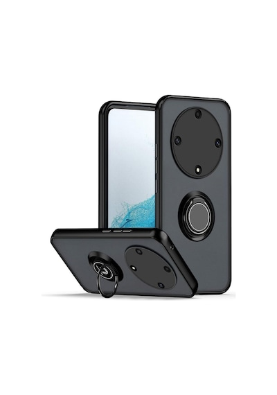 Honor Magic 5 Lite Uyumlu Kılıf Yüzüklü Standlı Extra Darbe Koruma Sert Silikon Kapak - Siyah Siyah