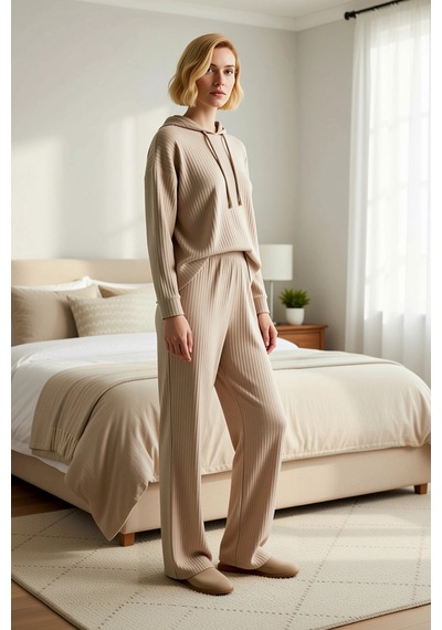 Benerly Kadın Kapüşonlu Düşük Kol Relaxed Kalıp Örme Pijama Takımı Uzun P Koyu Bej