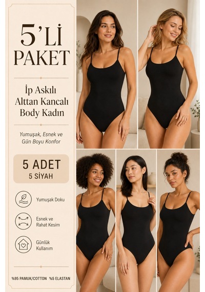 Loule Kadın 5'li %95 Pamuklu İnce Askılı Alttan Kancalı Body Siyah