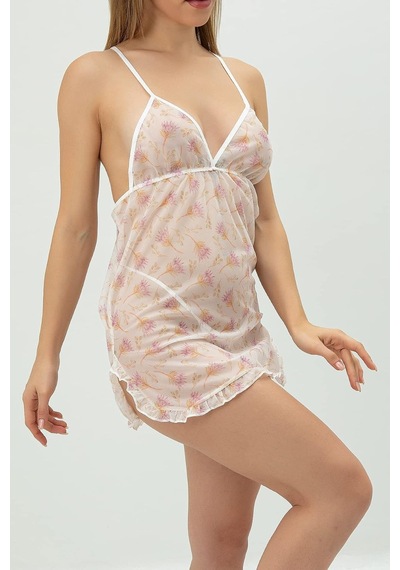 Desenli Göğüs Dekolteli Gecelik Desenli L-xl Açık Bej - Beyaz