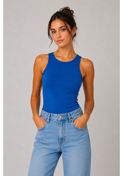 Parshey Kadın Slim Fit Halter Yaka Kolsuz Basic Atlet Body Koyu Mavi