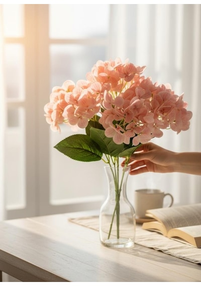 Yapay Çiçek Islak Ortanca Çiçeği Pudra Desenli Model 45cm 5dal Islak Gerçeksi Dokulu Pembe