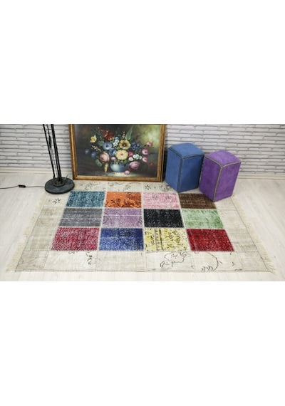 Patchwork El Dokuma Antik Anadolu Halısı Simbad Natural Çok Renkli