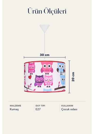 Çocuk Odası Silindir Kumaş Sarkıt Avize Pembe  Baykuş Tavan Lambası