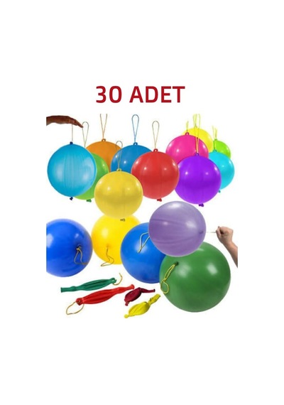 30 Adet Lastikli Zıpzıp Balon İpli Punch Panç Büyük Balon 2 Yaş Mavi