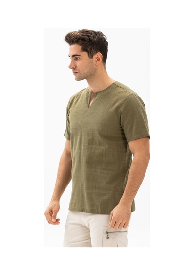 Kısa Kol Şile Bezi Bisiklet Yaka Erkek Tshirt Haki 3049