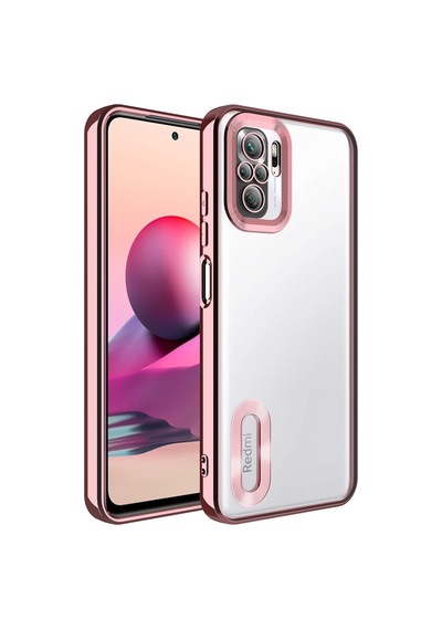 Xiaomi Redmi Note 10s Kapak Yanları Renkli Lens Korumalı Logo Gösteren Luxury Silikon Kılıf - Gold