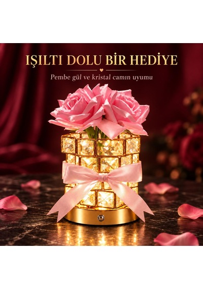 Kristal Cam Pembe Güllü Şarjlı Masa Lambası 4000 Mah Dokunmatik 3 Işık Modlu Dekoratif Gece Lambası