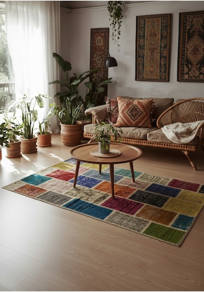 Modern Bohem Stil Vintage Halı Özel Tasarım Renkli Patchwork Koleksiyonu Çok Renkli