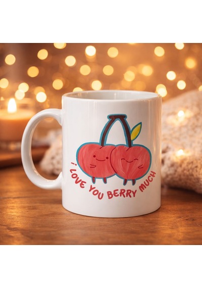 I Love You Berry Much Tasarımlı Kupa Model 12 Sevimli Kiraz Desenli Porselen Kahve Kupası -  F