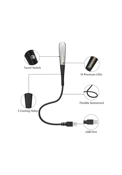Usb Lamba, Kısılabilir Usb Işık, 2,8w Esnek Klavye Işığı, Pc Bilgisayar İçin, 14 Led İnci, 3 Kademeli Ayarlanabilir Parlaklık, Açma/kapama Dokunmatik Şalteri, D10 Usb Led Siyah