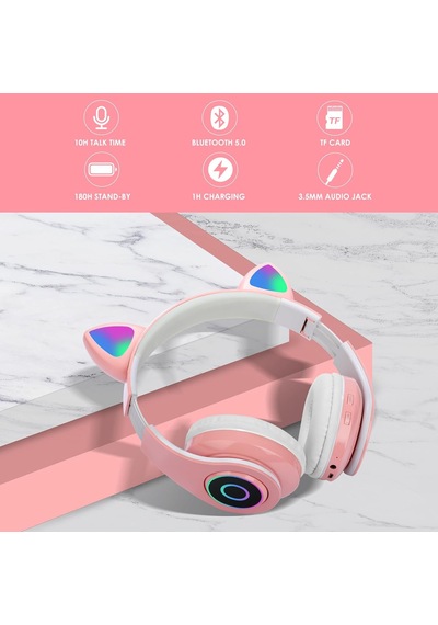 Çocuk Kulaklık, Kız Çocukları Bluetooth Kulak Üstü Sevimli Kedi Kulaklı Çocuk Kulaklığı Led Işıklı, Katlanabilir Kablosuz Çocuk Kulaklık Erkek Yetişkinler İçin Okul/tablet/pc/telefon